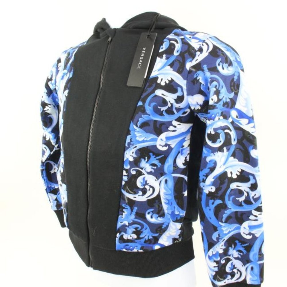 Versace Size 8A Boy's Black Blue Baroque Zip Up Hoodie Sweatshirt Kids 125v26